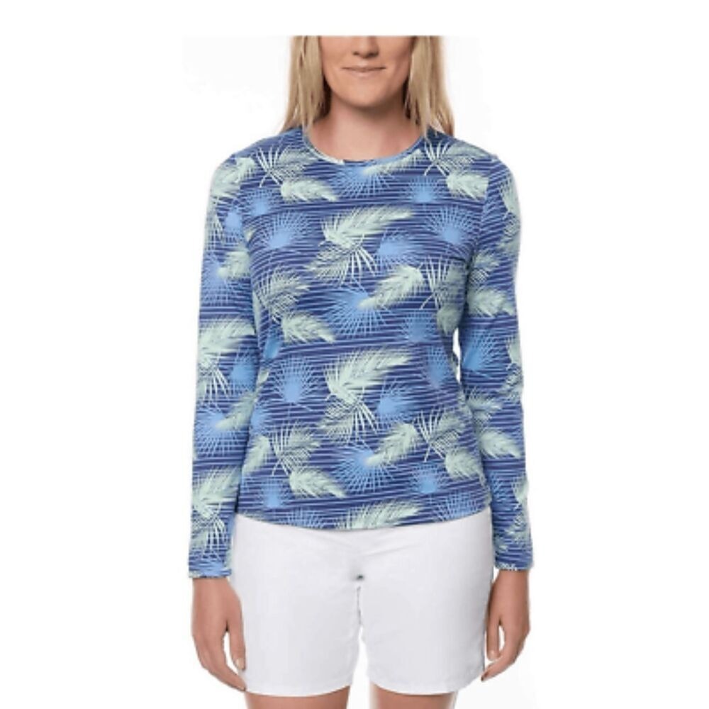 Hang Ten Women's Palm Stripe Sun Tee, Blue Small